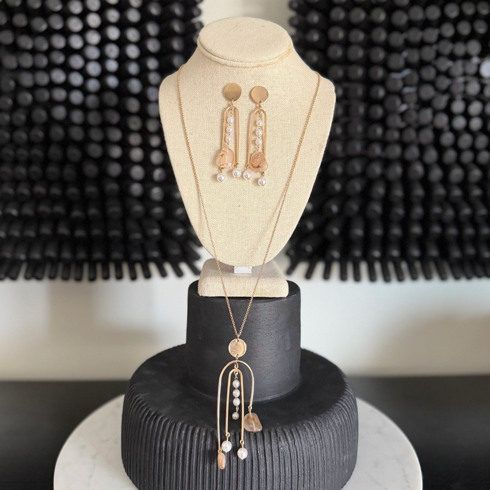 Gold Tone 18" Necklace Faux Pearl Genuine Stone with Marching Earrings - Picture 8 of 11